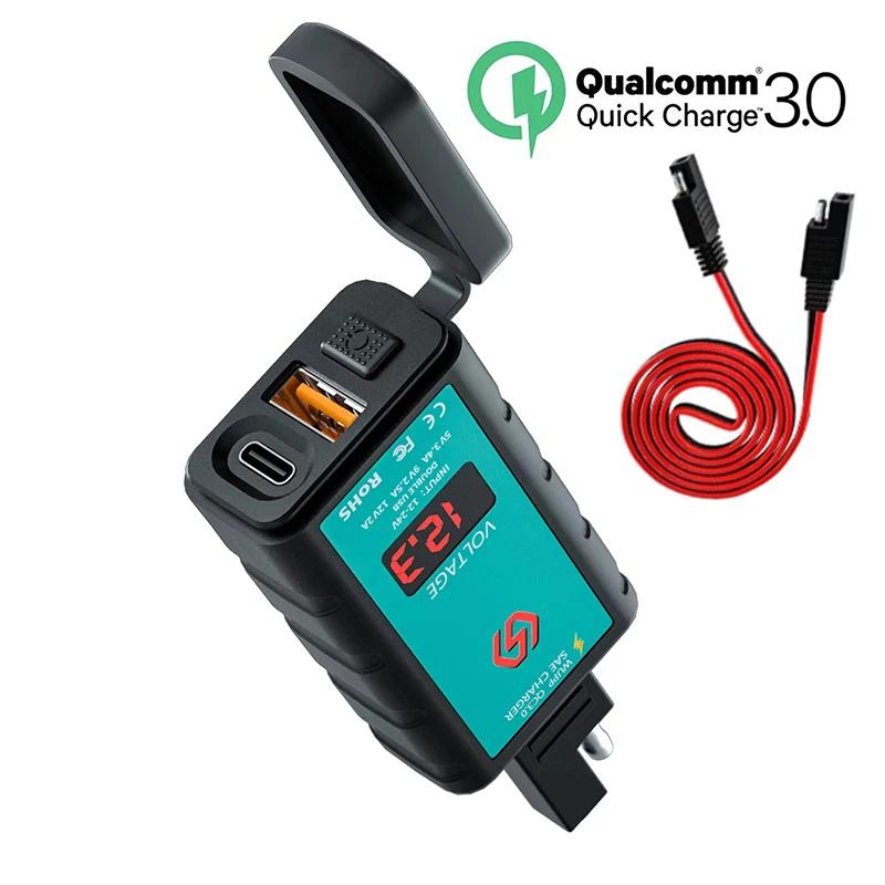 12/24V Motorcycle Charger SAE Plug To USB+Type-C Mobile Phone Charger Adapter PD Fast Charging Waterproof Switch Wit
